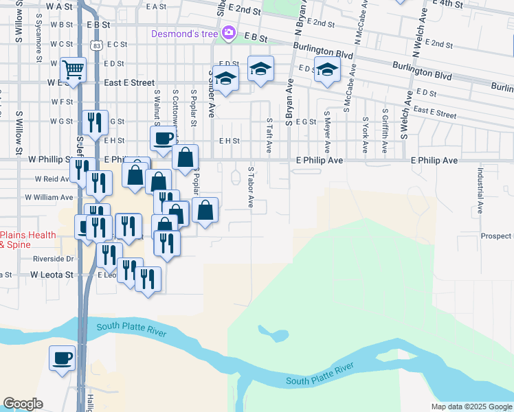 map of restaurants, bars, coffee shops, grocery stores, and more near 1100 South Tabor Avenue in North Platte
