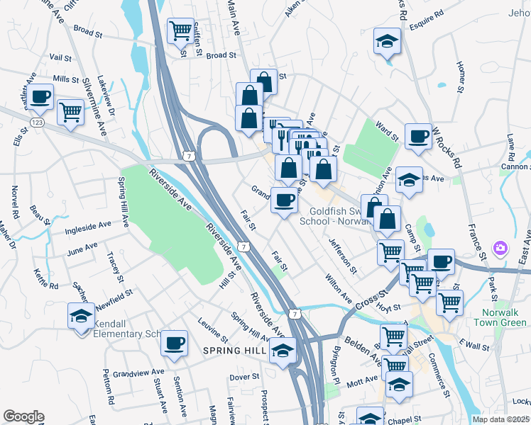 map of restaurants, bars, coffee shops, grocery stores, and more near 3 Warren Street in Norwalk