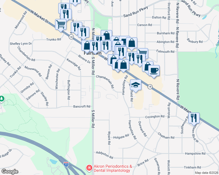 map of restaurants, bars, coffee shops, grocery stores, and more near 2582 Chamberlain Road in Fairlawn