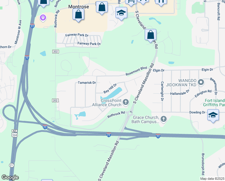 map of restaurants, bars, coffee shops, grocery stores, and more near 3618 Bay Hill Drive in Akron