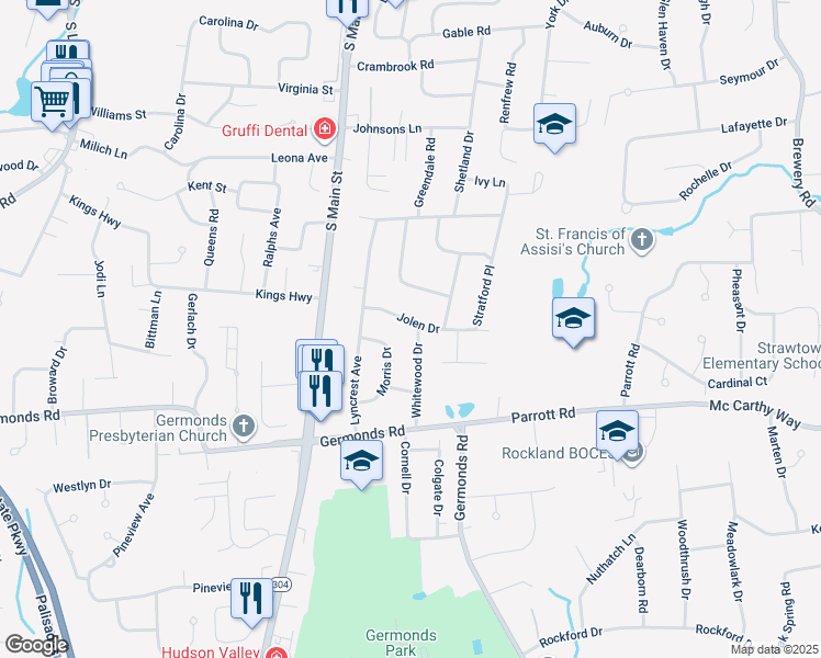 map of restaurants, bars, coffee shops, grocery stores, and more near 21 Jolen Drive in New City