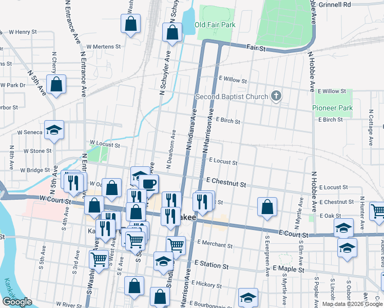 map of restaurants, bars, coffee shops, grocery stores, and more near 455 East Locust Street in Kankakee