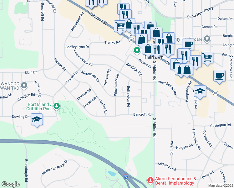 map of restaurants, bars, coffee shops, grocery stores, and more near 223 Winchester Road in Fairlawn