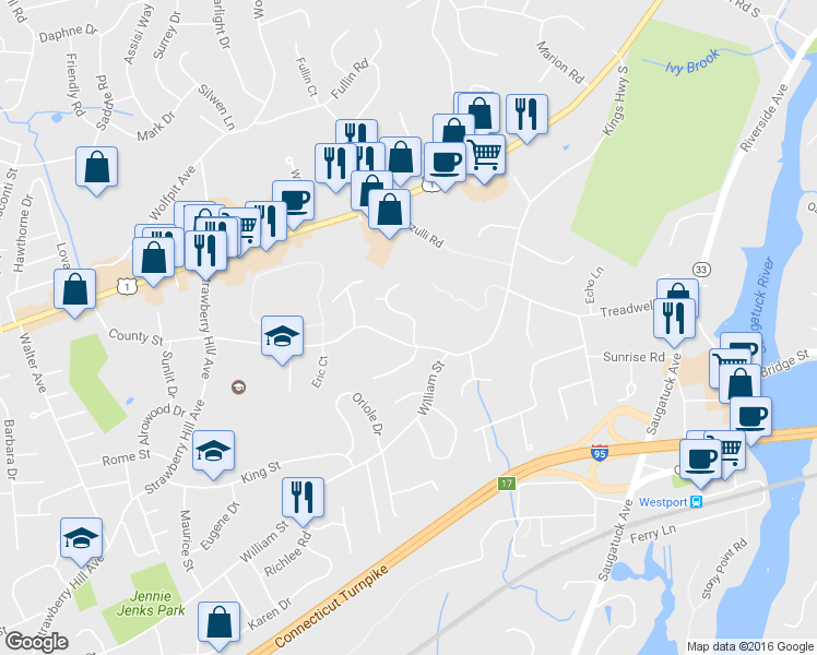 map of restaurants, bars, coffee shops, grocery stores, and more near 3 Country Club Road in Norwalk