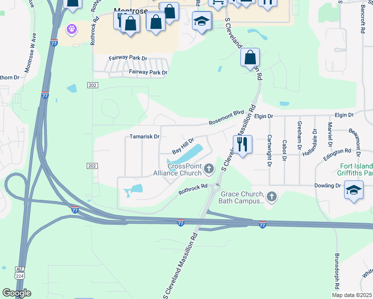 map of restaurants, bars, coffee shops, grocery stores, and more near 3618 Bay Hill Drive in Akron