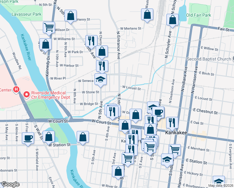 map of restaurants, bars, coffee shops, grocery stores, and more near 300-310 North Entrance Avenue in Kankakee