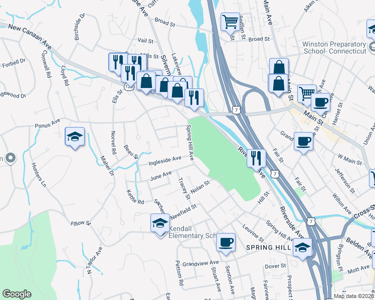 map of restaurants, bars, coffee shops, grocery stores, and more near 102 Spring Hill Avenue in Norwalk