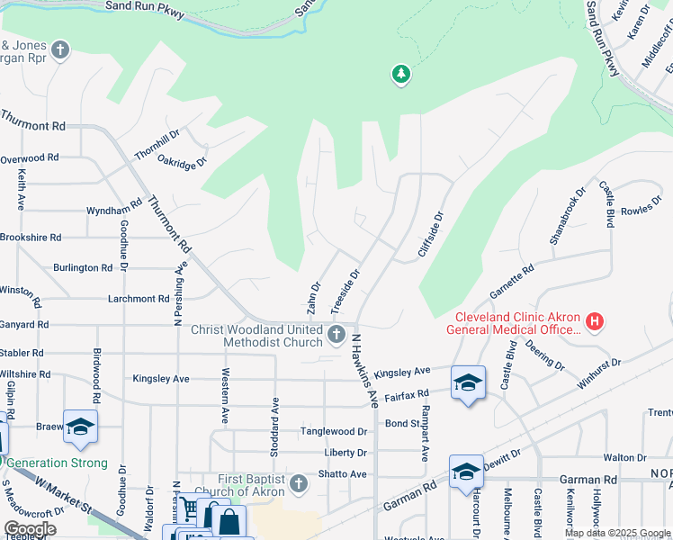 map of restaurants, bars, coffee shops, grocery stores, and more near 511 Zahn Drive in Akron