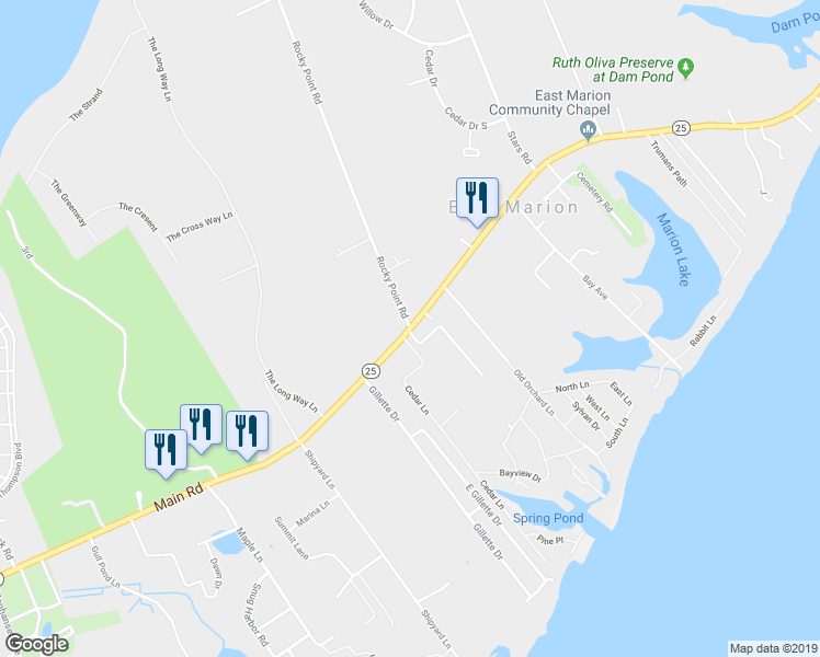 map of restaurants, bars, coffee shops, grocery stores, and more near 6 Rocky Point Road in East Marion