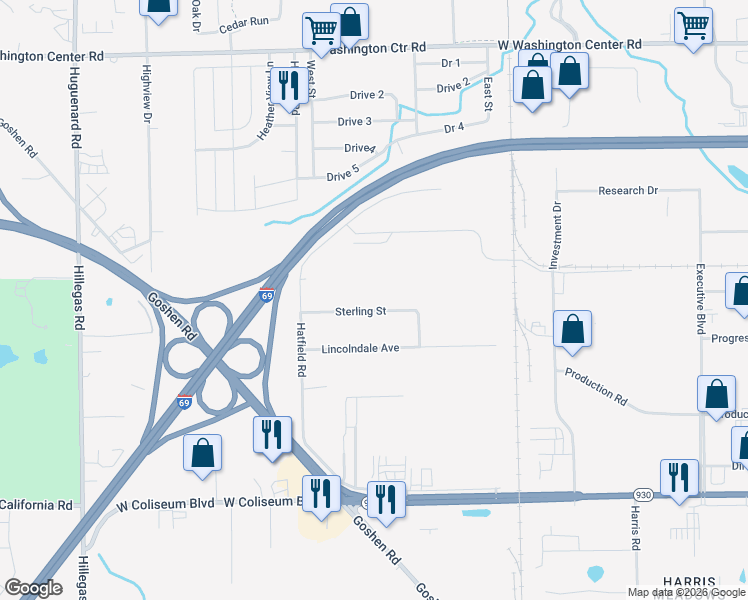 map of restaurants, bars, coffee shops, grocery stores, and more near 2834 Sterling Street in Fort Wayne