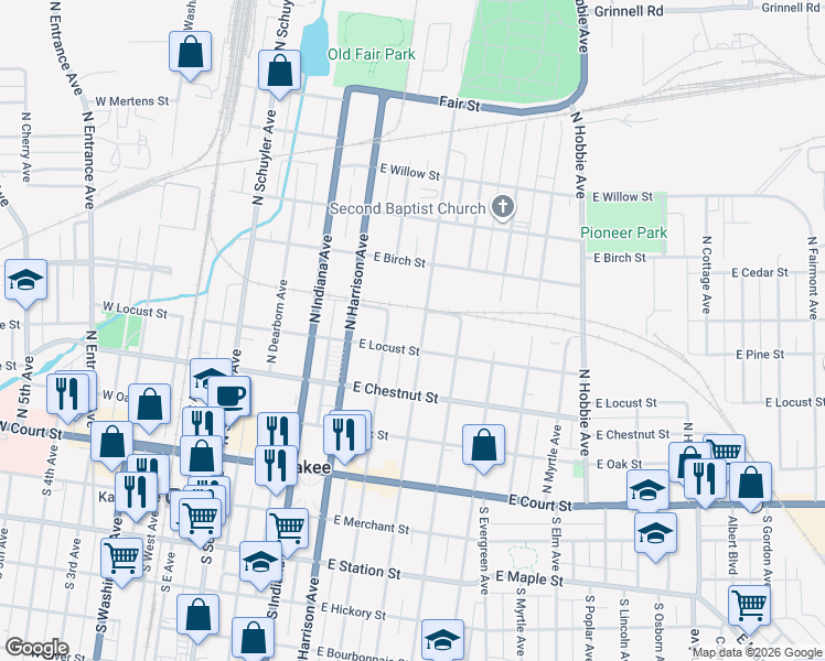 map of restaurants, bars, coffee shops, grocery stores, and more near 445 North Greenwood Avenue in Kankakee