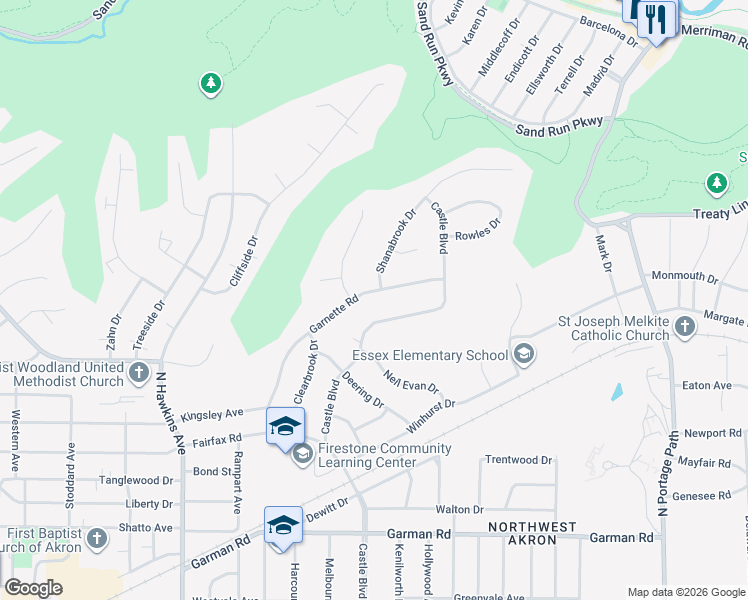 map of restaurants, bars, coffee shops, grocery stores, and more near 623 Garnette Rd in Akron