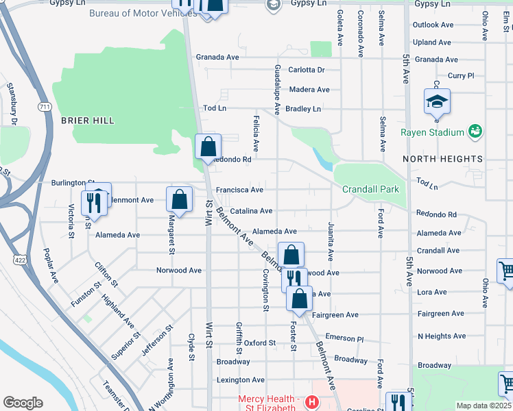 map of restaurants, bars, coffee shops, grocery stores, and more near 530 Catalina Avenue in Youngstown