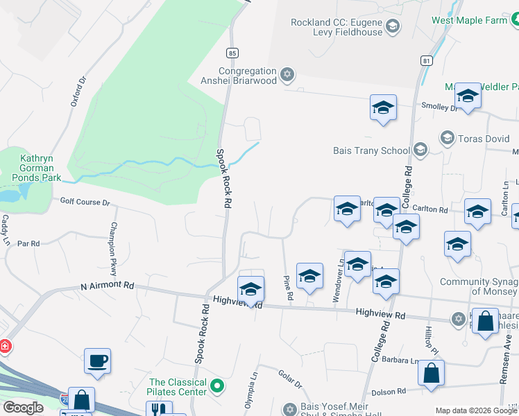 map of restaurants, bars, coffee shops, grocery stores, and more near 6 Arrowhead Lane in Suffern
