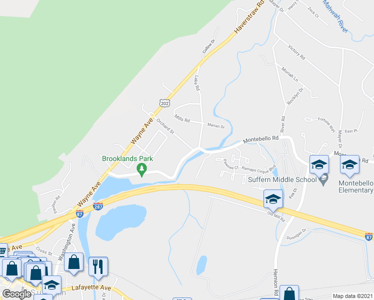 map of restaurants, bars, coffee shops, grocery stores, and more near 36 Memorial Drive in Suffern