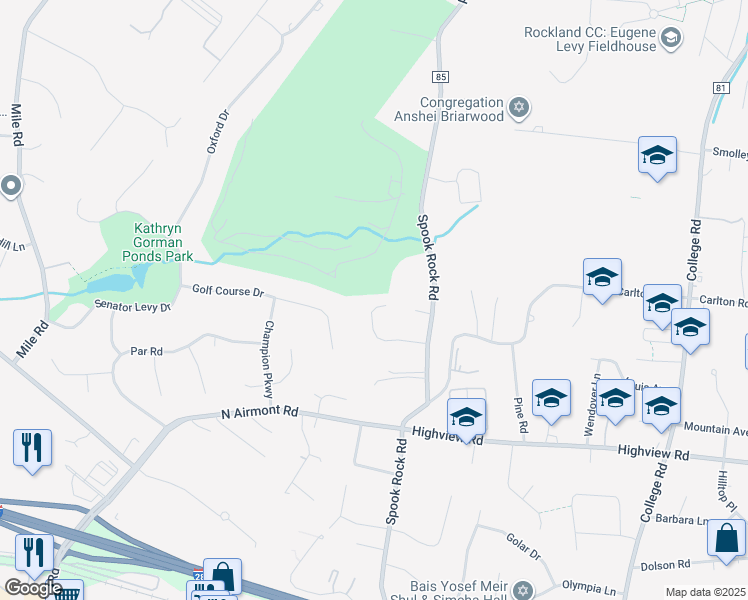 map of restaurants, bars, coffee shops, grocery stores, and more near 23 Fant Farm Lane in Suffern