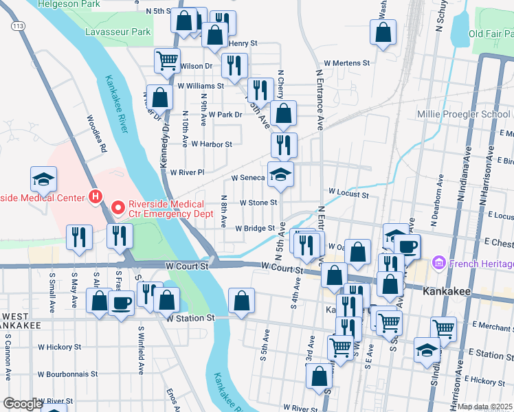 map of restaurants, bars, coffee shops, grocery stores, and more near 293 N 6th Ave in Kankakee