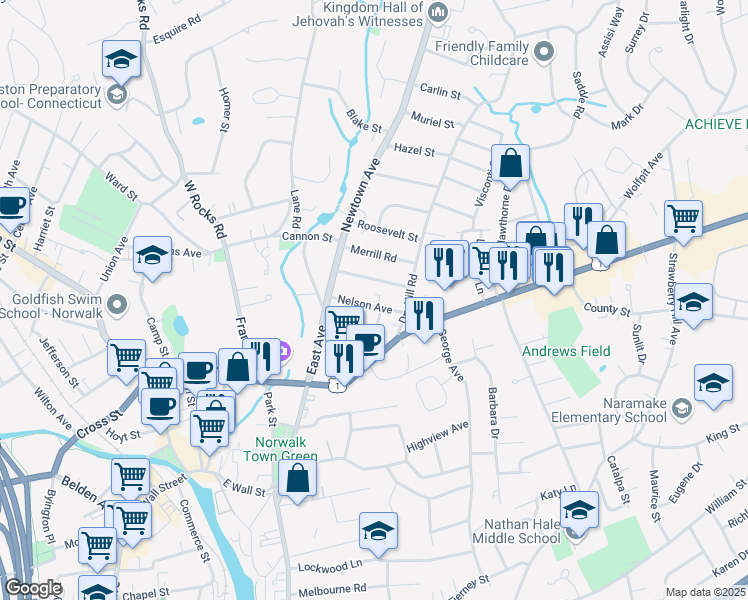 map of restaurants, bars, coffee shops, grocery stores, and more near 17 Nelson Avenue in Norwalk