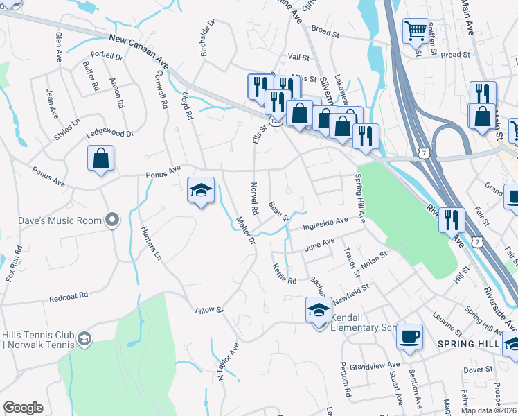 map of restaurants, bars, coffee shops, grocery stores, and more near 20 Norvel Road in Norwalk