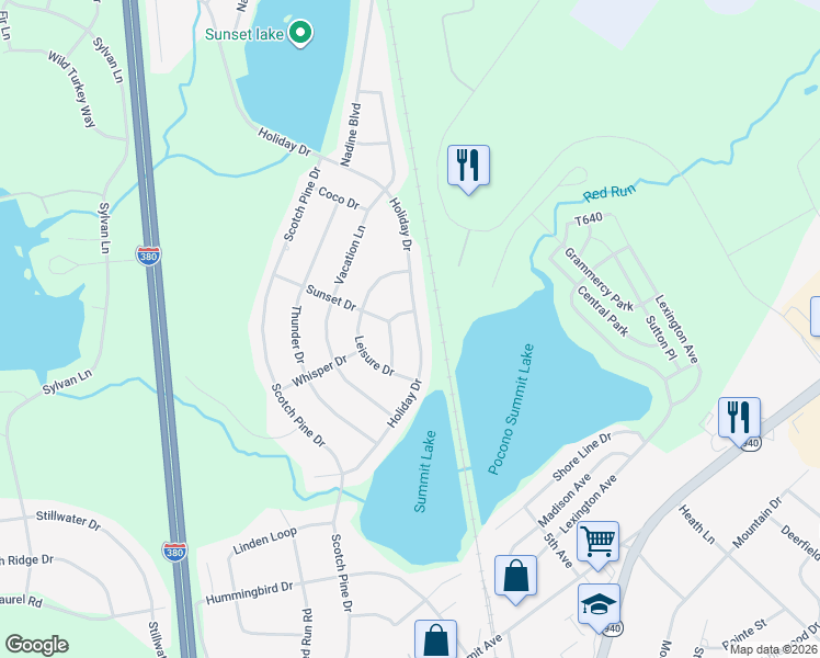 map of restaurants, bars, coffee shops, grocery stores, and more near 5210 Holiday Drive in Pocono Summit