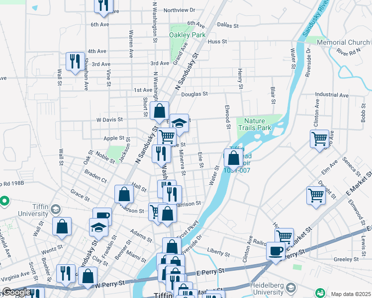 map of restaurants, bars, coffee shops, grocery stores, and more near 130 Minerva Street in Tiffin