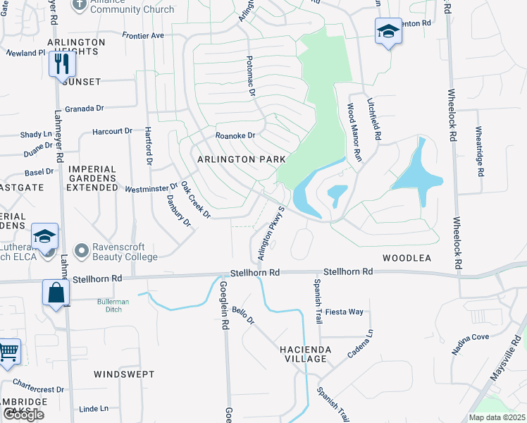map of restaurants, bars, coffee shops, grocery stores, and more near 4611 Arlington Parkway South in Fort Wayne