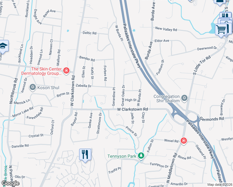 map of restaurants, bars, coffee shops, grocery stores, and more near 11 Gerardine Pl in New City