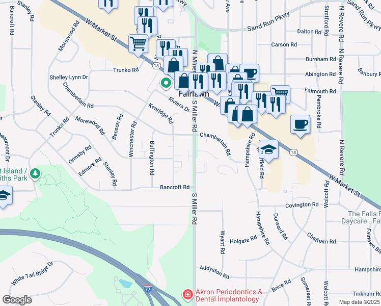 map of restaurants, bars, coffee shops, grocery stores, and more near 142 South Miller Road in Fairlawn