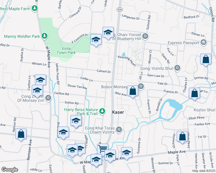 map of restaurants, bars, coffee shops, grocery stores, and more near 362 Blauvelt Road in Monsey