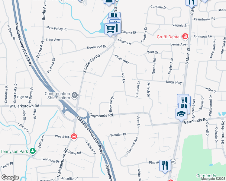 map of restaurants, bars, coffee shops, grocery stores, and more near 6 Broward Drive in New City