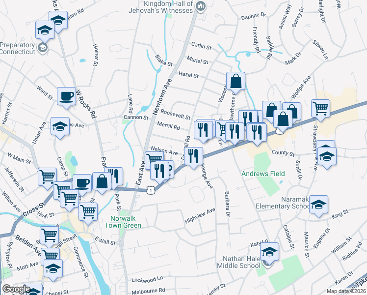 map of restaurants, bars, coffee shops, grocery stores, and more near 19 Dry Hill Road in Norwalk