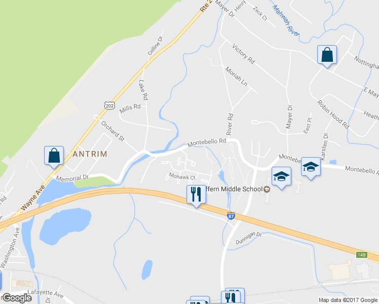 map of restaurants, bars, coffee shops, grocery stores, and more near 108 Montebello Road in Suffern