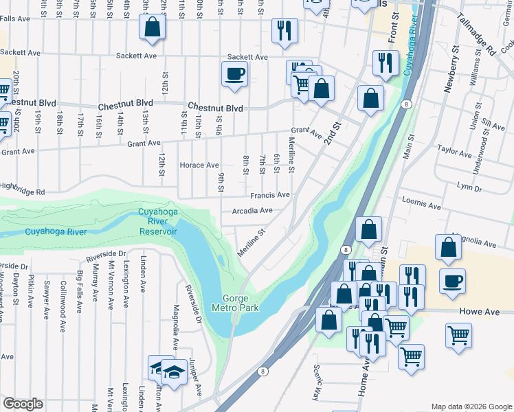 map of restaurants, bars, coffee shops, grocery stores, and more near 723 Arcadia Avenue in Cuyahoga Falls