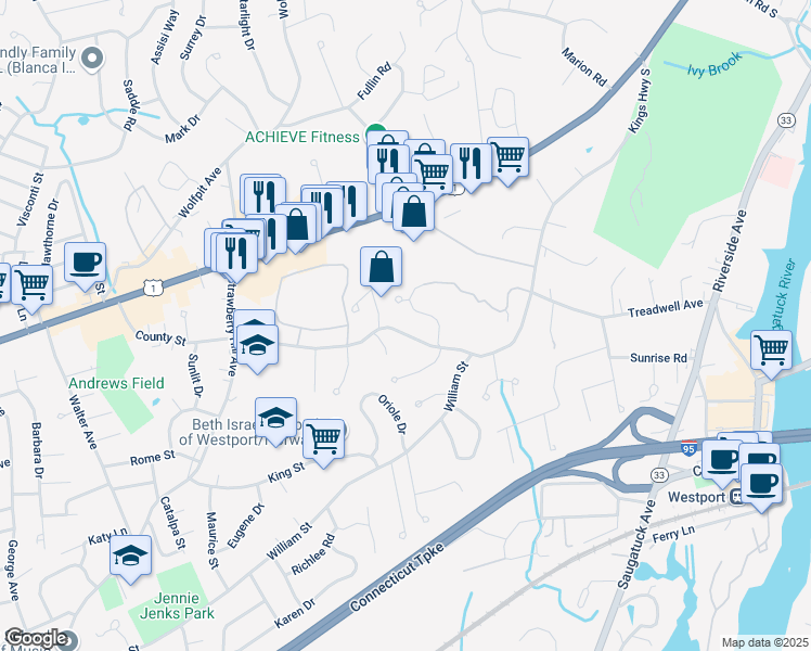 map of restaurants, bars, coffee shops, grocery stores, and more near 92 County Street in Norwalk
