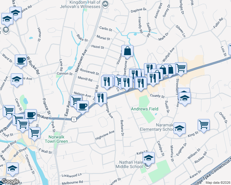 map of restaurants, bars, coffee shops, grocery stores, and more near 179 Westport Avenue in Norwalk