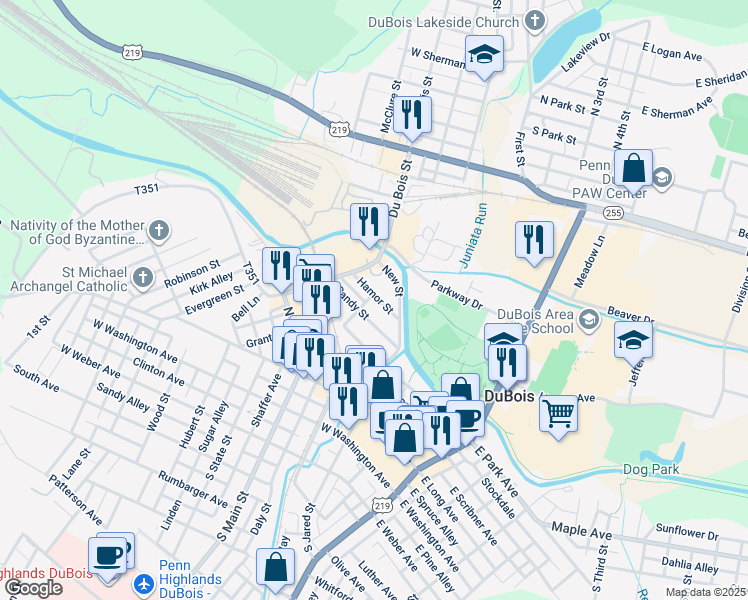 map of restaurants, bars, coffee shops, grocery stores, and more near 229 Hamor Street in DuBois