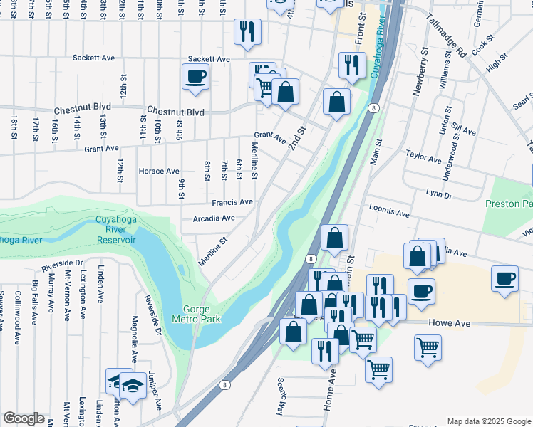 map of restaurants, bars, coffee shops, grocery stores, and more near 1444 Front Street in Cuyahoga Falls