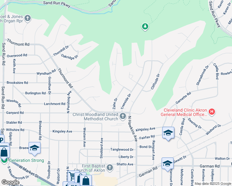 map of restaurants, bars, coffee shops, grocery stores, and more near 511 Zahn Drive in Akron