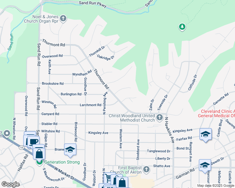 map of restaurants, bars, coffee shops, grocery stores, and more near 2290 Thurmont Road in Akron
