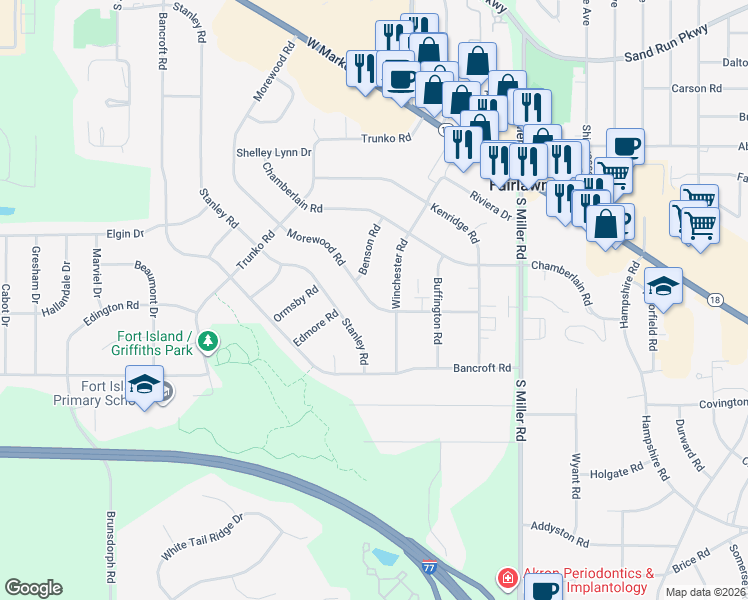 map of restaurants, bars, coffee shops, grocery stores, and more near 2950 Morewood Road in Fairlawn