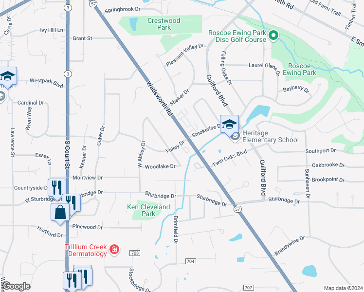 map of restaurants, bars, coffee shops, grocery stores, and more near 536 Valley Drive in Medina