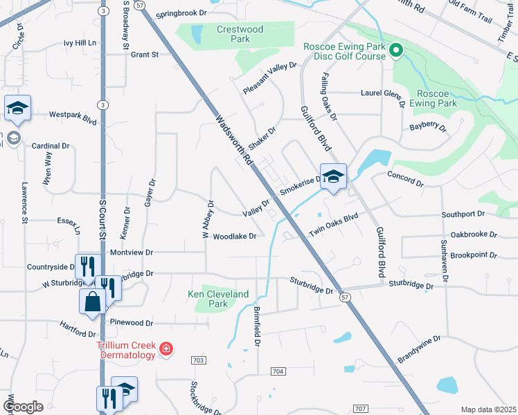 map of restaurants, bars, coffee shops, grocery stores, and more near 511 Valley Drive in Medina