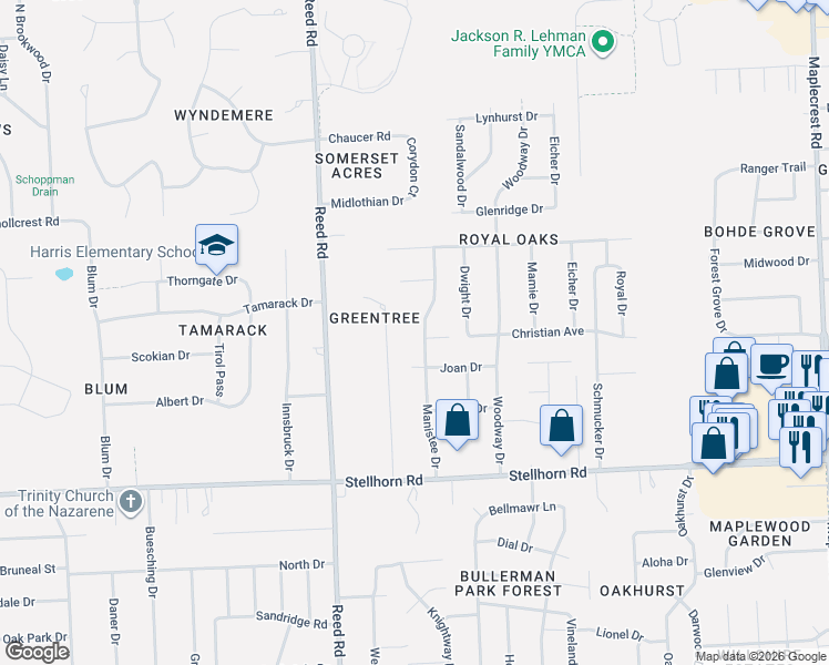 map of restaurants, bars, coffee shops, grocery stores, and more near 5107 Christian Ave in Fort Wayne