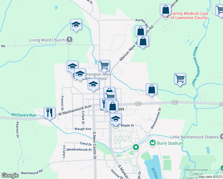map of restaurants, bars, coffee shops, grocery stores, and more near 220 North Market Street in New Wilmington