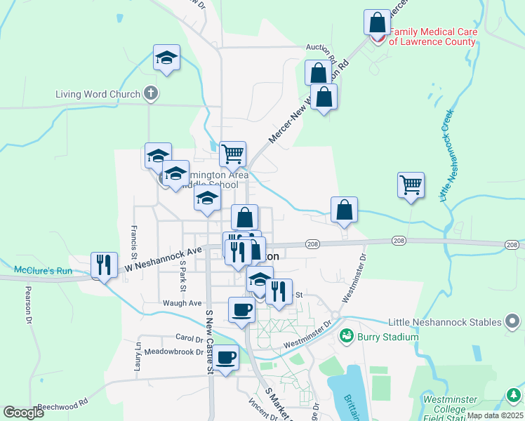 map of restaurants, bars, coffee shops, grocery stores, and more near 210 North Market Street in New Wilmington