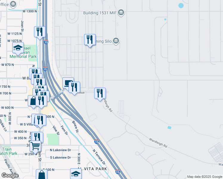 map of restaurants, bars, coffee shops, grocery stores, and more near 6006 Wardleigh Road in Hill Air Force Base