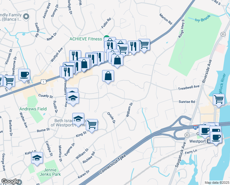 map of restaurants, bars, coffee shops, grocery stores, and more near 92 County Street in Norwalk