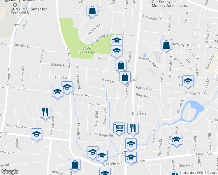 map of restaurants, bars, coffee shops, grocery stores, and more near 26 Dover Terrace in Monsey