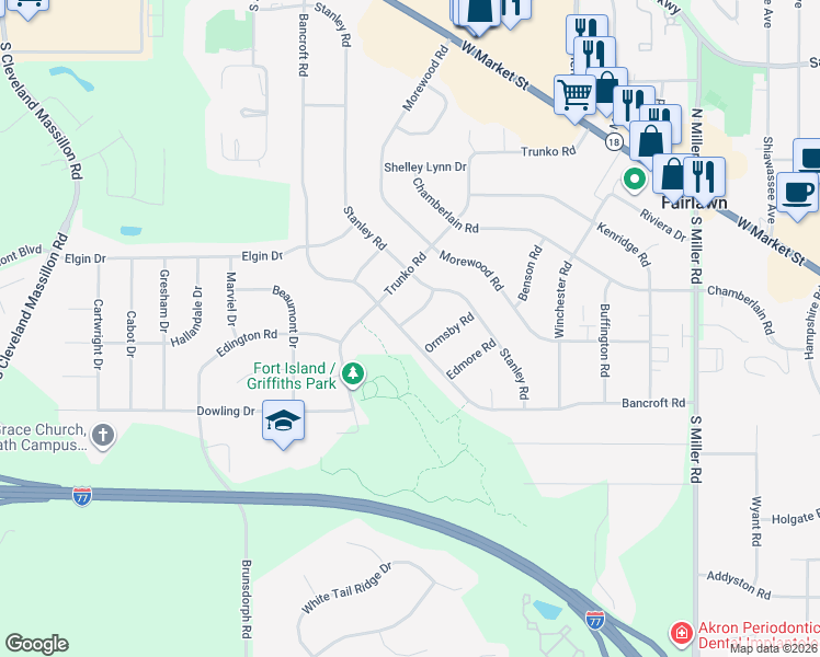 map of restaurants, bars, coffee shops, grocery stores, and more near 3097 Bancroft Road in Fairlawn
