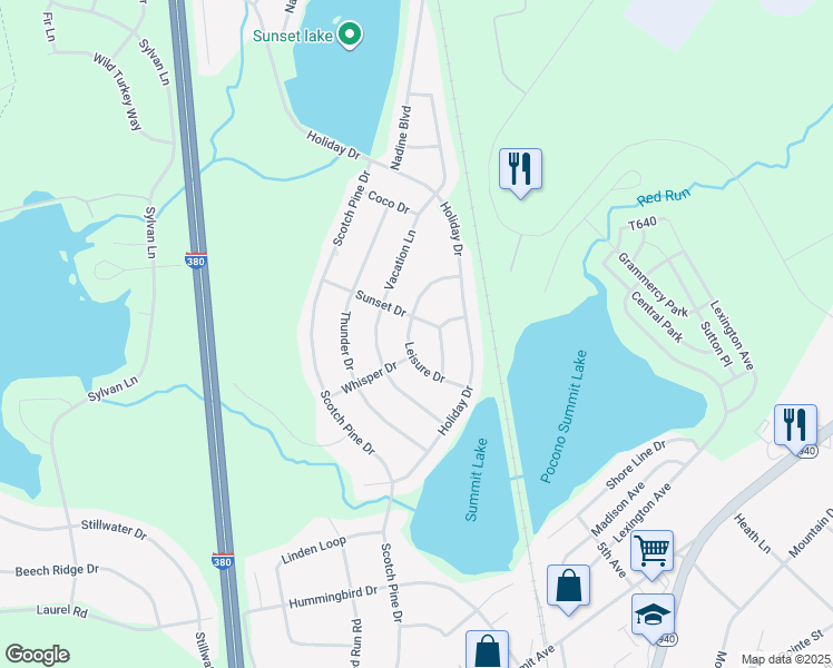 map of restaurants, bars, coffee shops, grocery stores, and more near 3142 Leisure Drive in Pocono Summit